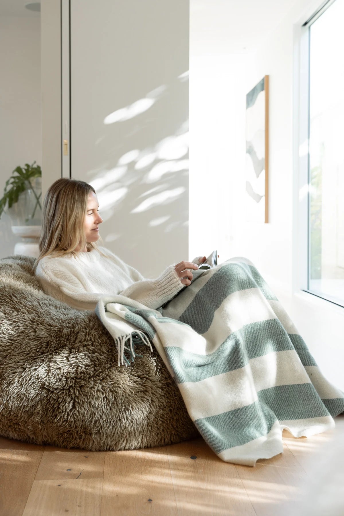 Samways Sage and Cream Stripe 100% NZ Wool Throw