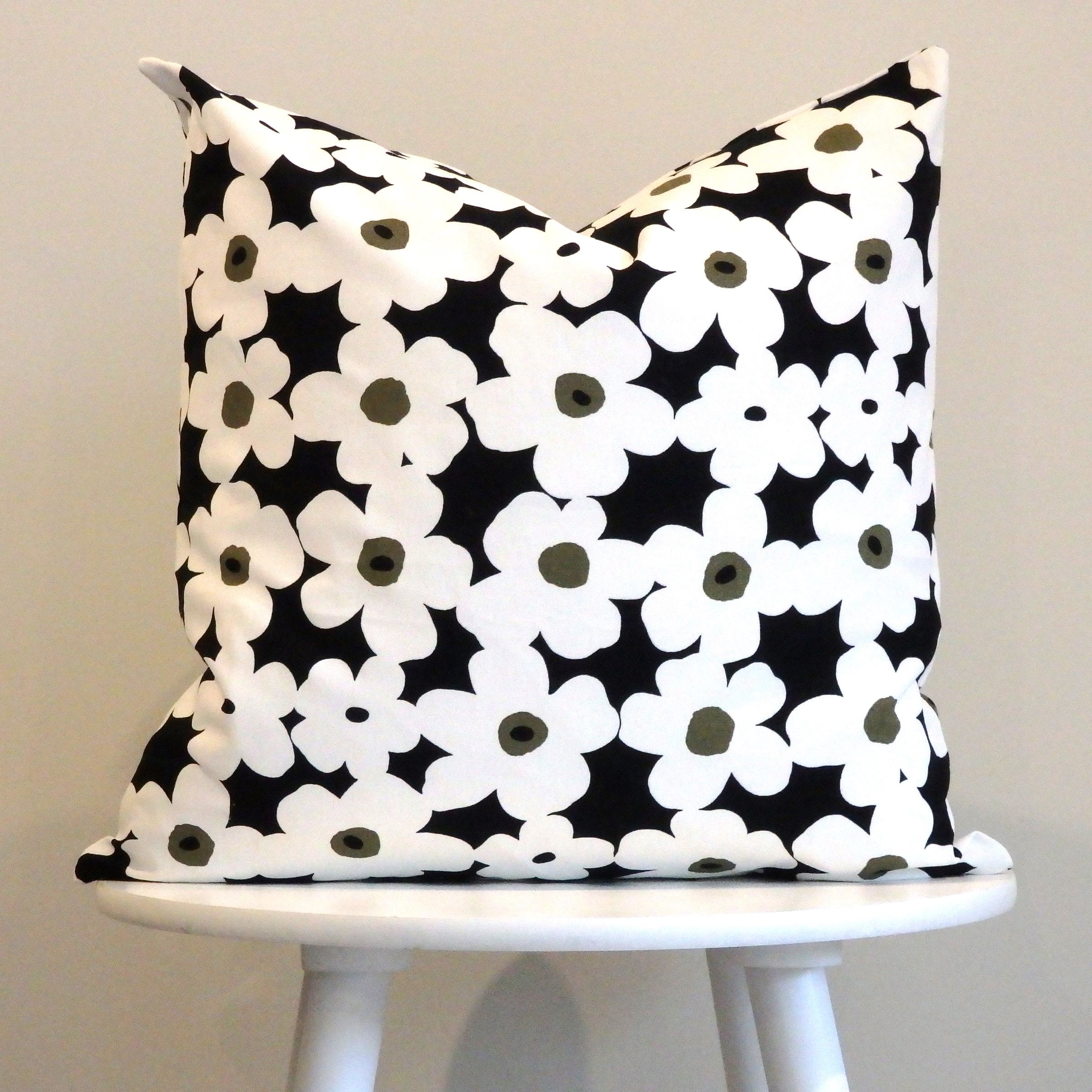 White Poppy on Black Cushion Cover